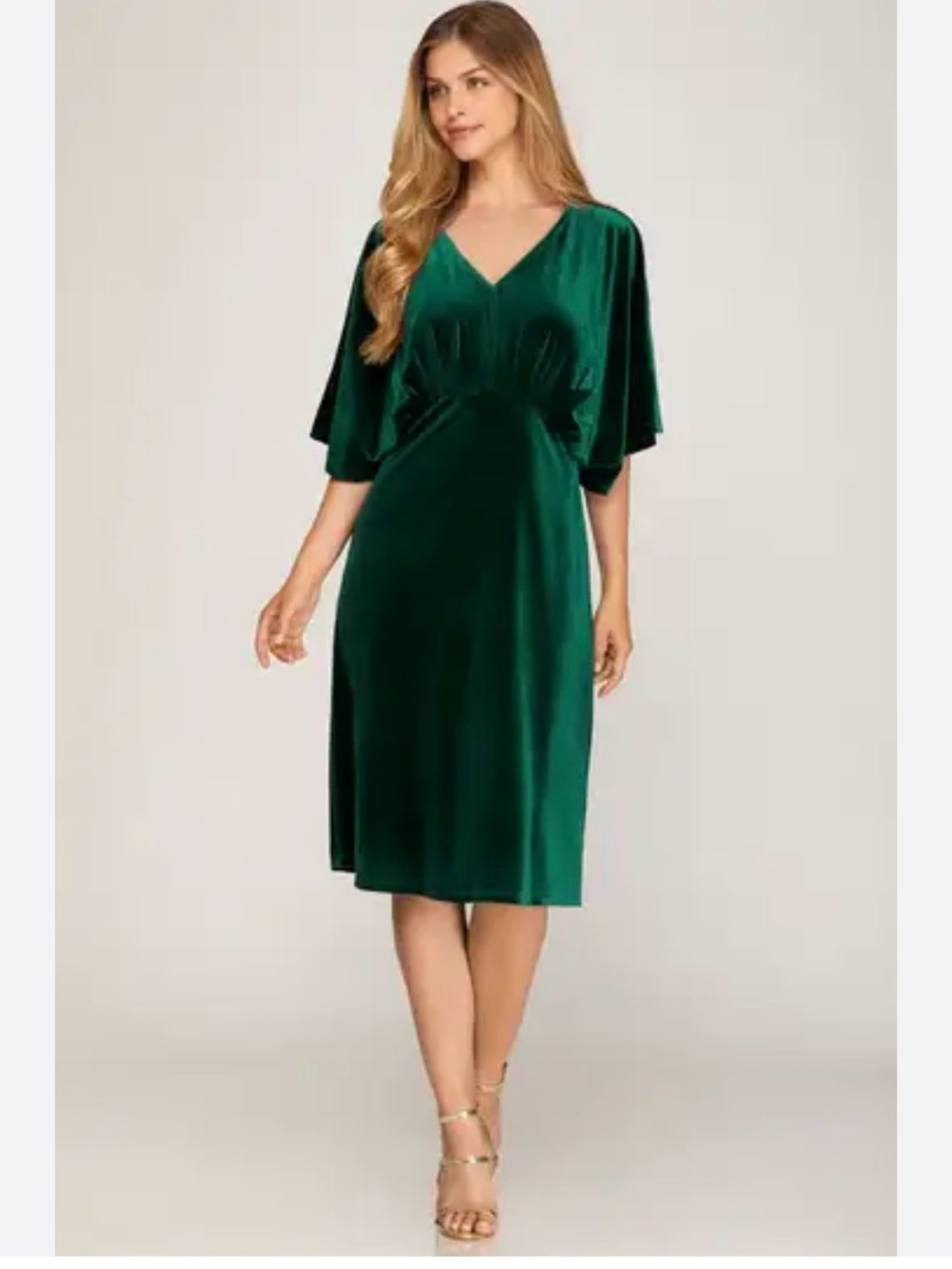 Emerald Green V-Neck Draped Midi Dress